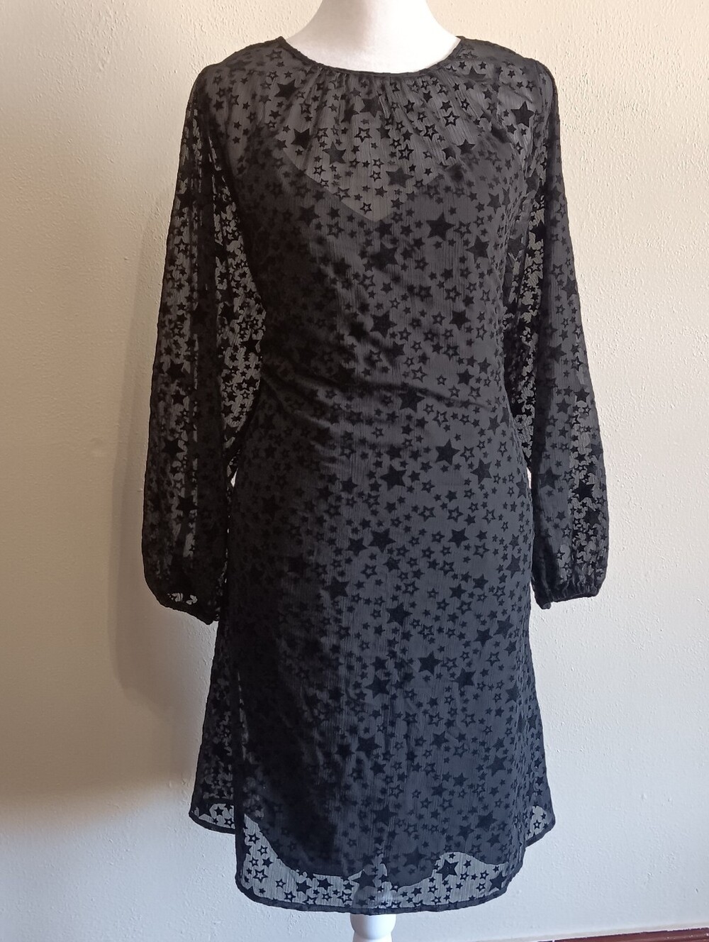 Velvet Burnout Witchy Black Star Dress Loft Medium Lined Midi Long Sleeve Goth - Picture 3 of 9